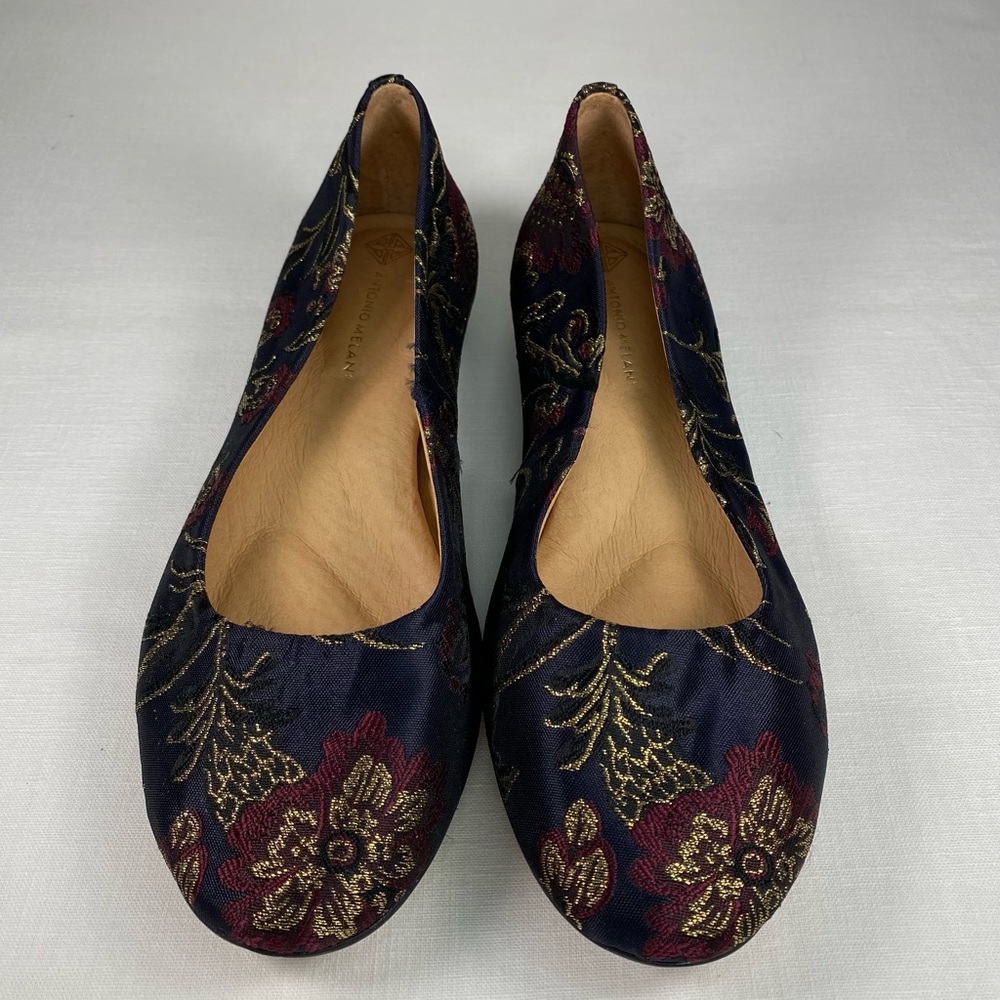 ANTONIO MELANI Navy Brocade Floral Flats with Gold Embroidery - Picture 3 of 13